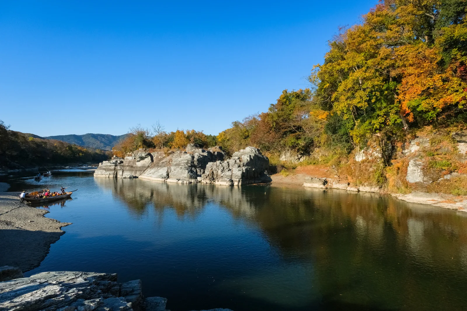 Calm Arakawa River and Iwadatami rocks in Nagatoro