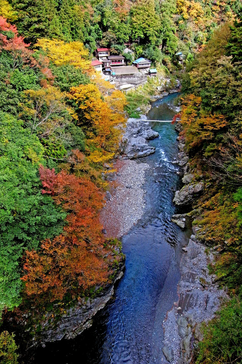Blue river winding through autumn forest at Hatonosu Gorge