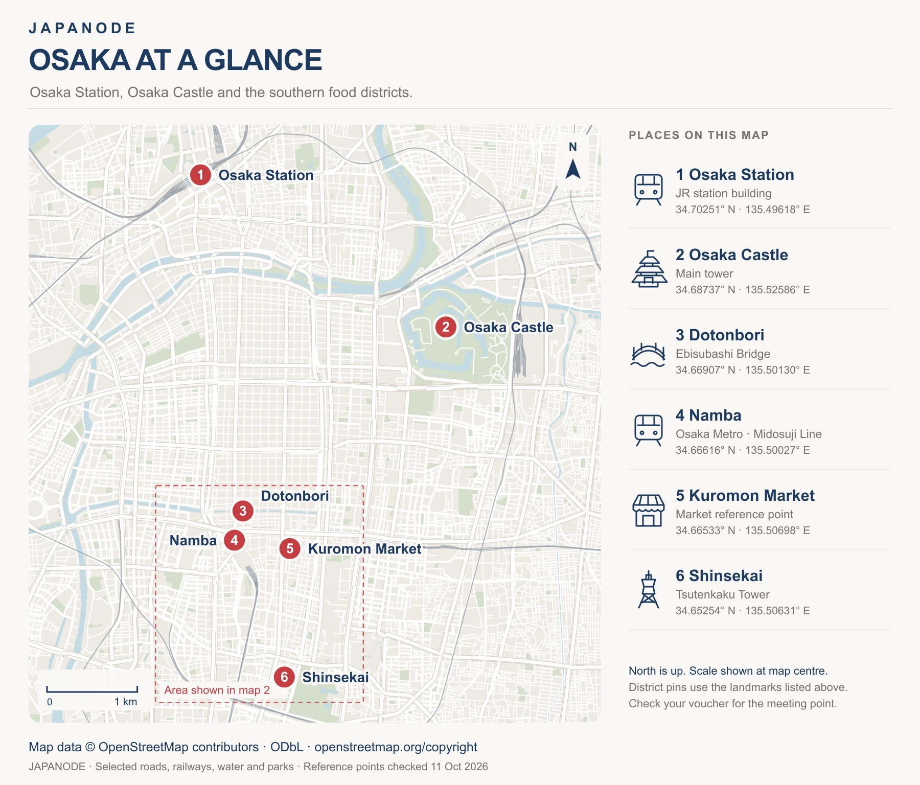 OpenStreetMap-based map with geographically positioned markers for Osaka Station, Osaka Castle, Dotonbori, Namba, Kuromon Market and Shinsekai; the southern detail area is outlined