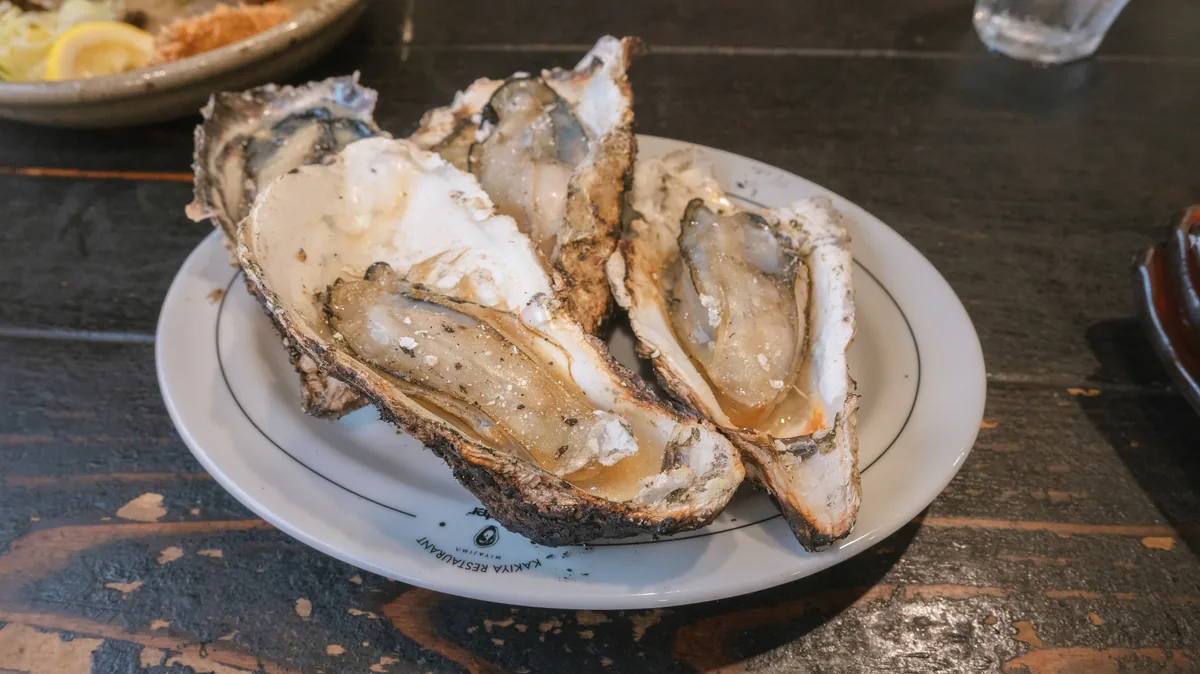 Grilled oysters served in their shells on a plate
