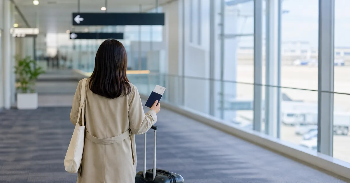 An international traveler carrying a passport and suitcase through a bright airport arrivals corridor
