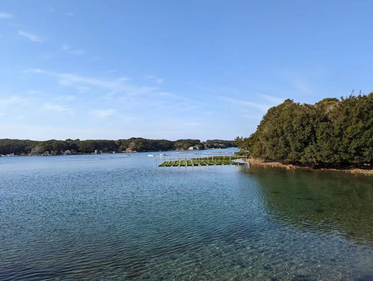 Blue water, floating platforms and wooded shores in a daylight view of Ago Bay