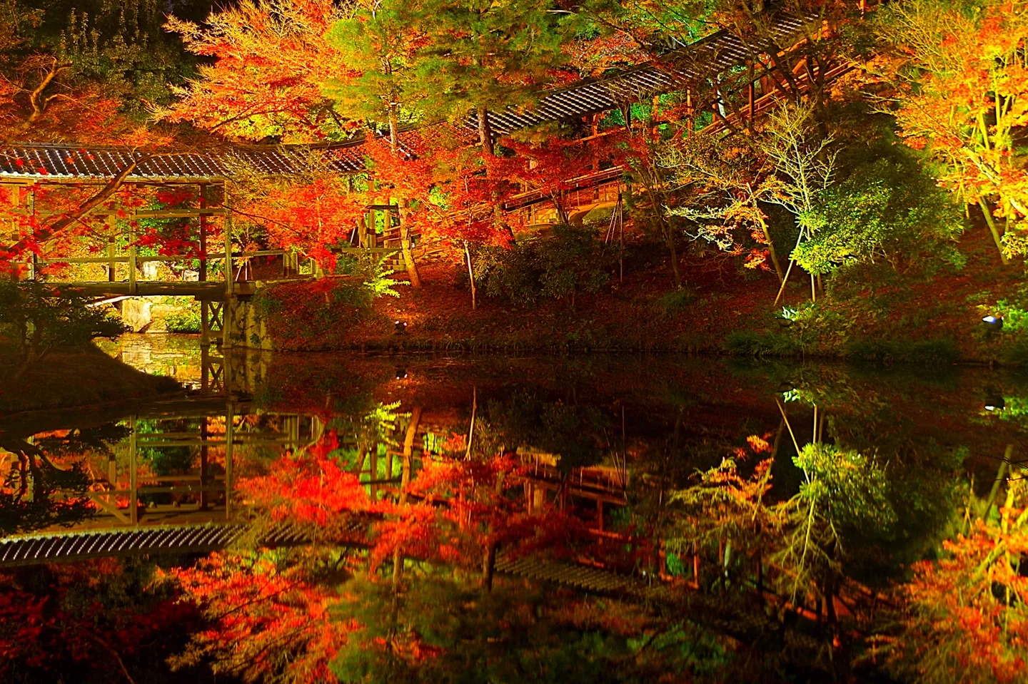 Red, yellow and green autumn leaves and a covered wooden walkway reflected in a pond at Kodai-ji after dark.