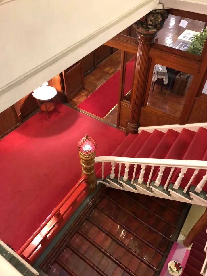 A red-carpeted staircase with a white balustrade and wooden fittings inside the hotel.