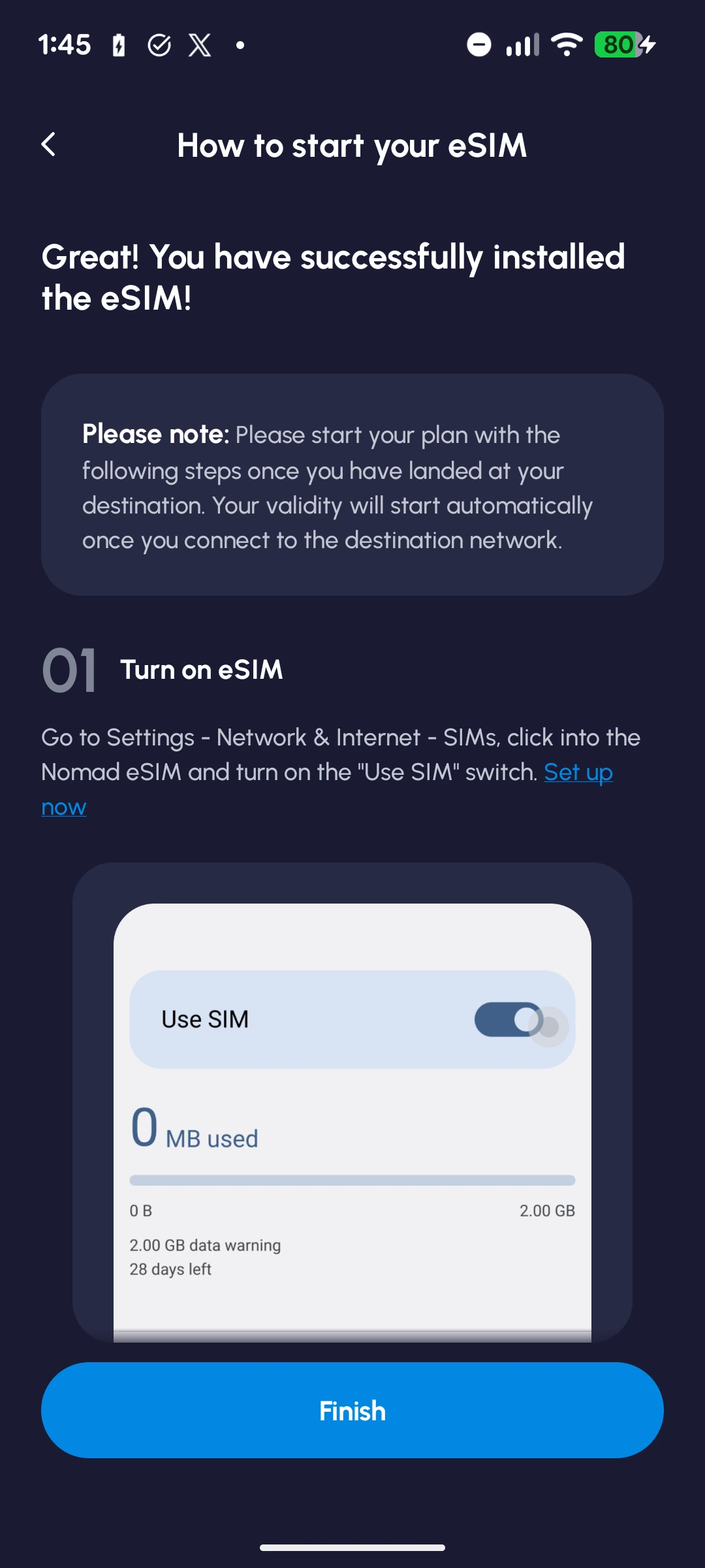 Successful eSIM installation message with instructions for starting the plan