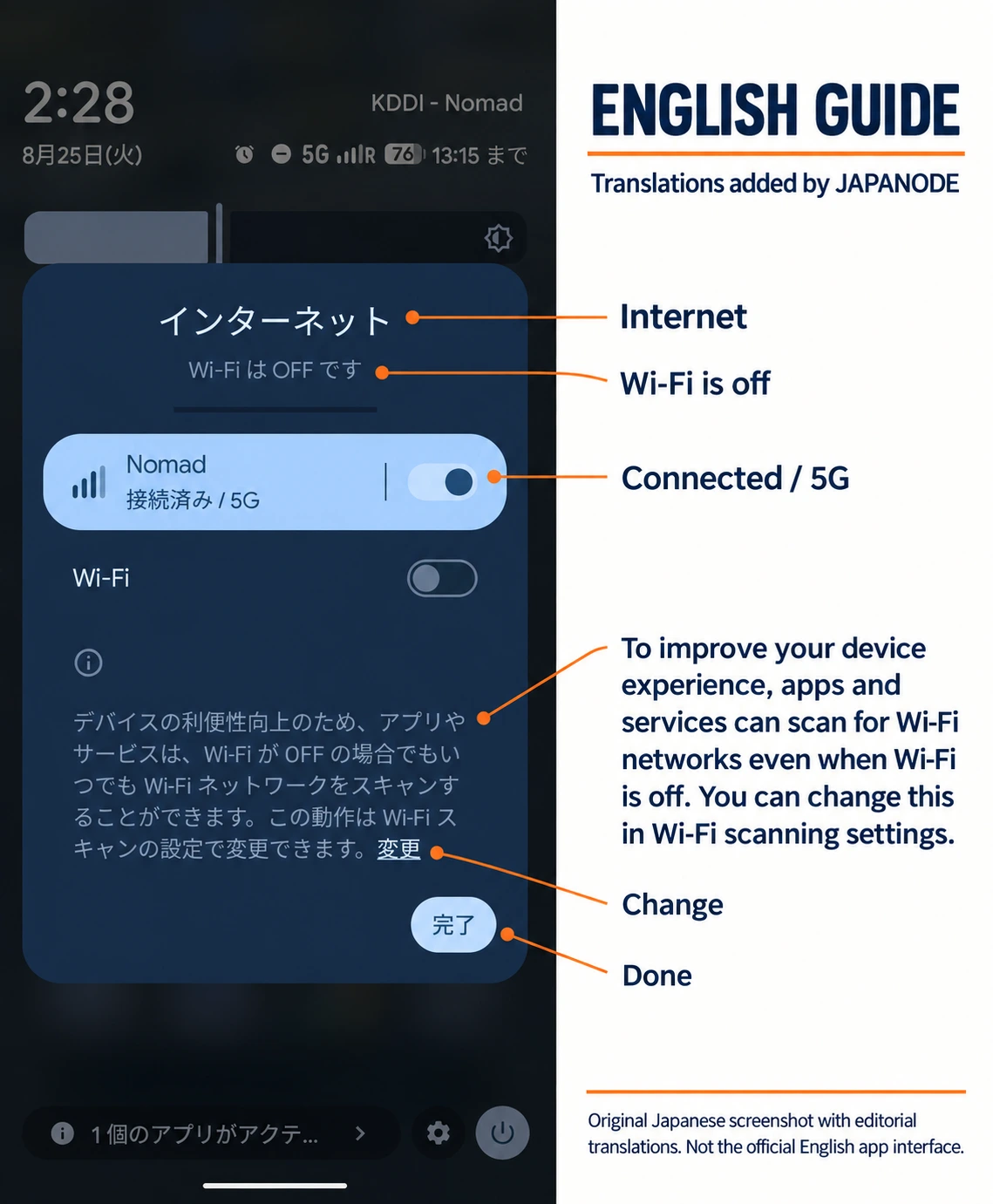 Pixel quick settings showing an active 5G mobile-data connection with WiFi off