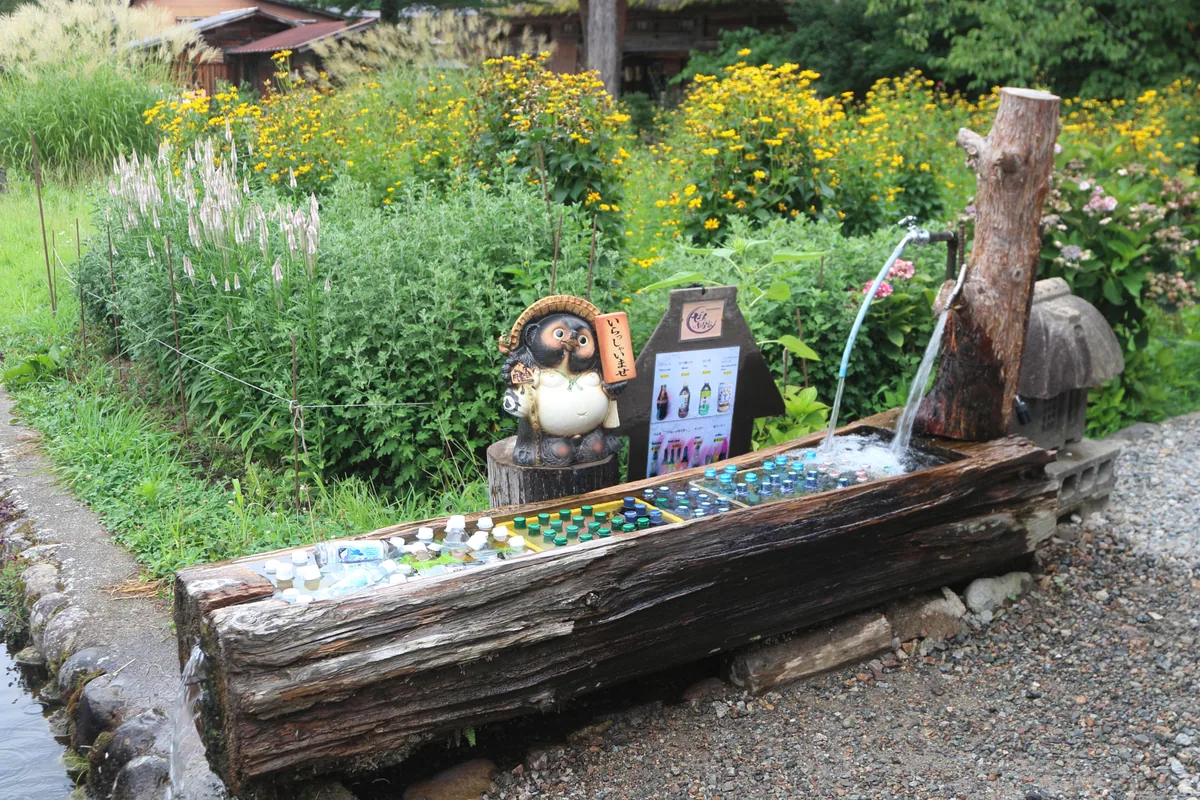 Bottled drinks cooling in a wooden water trough beside flowers in Shirakawa-go