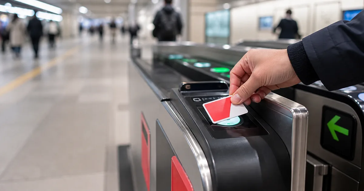 A traveler tapping a red contactless transit card at a Japanese train station ticket gate