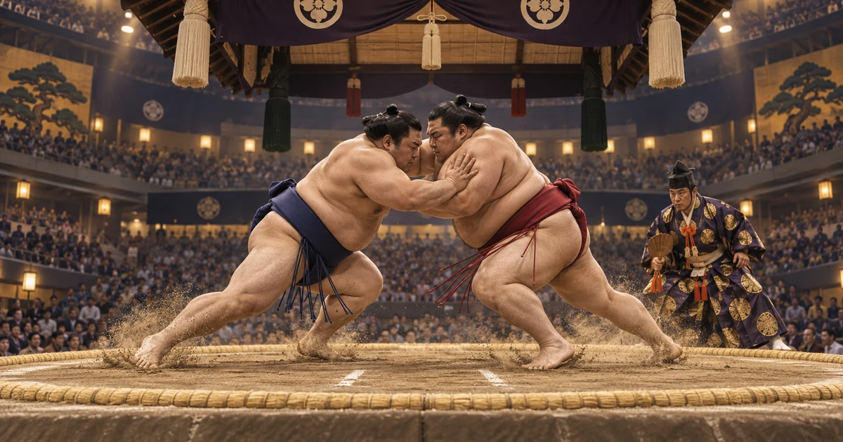 Sumo wrestlers competing in a tournament ring