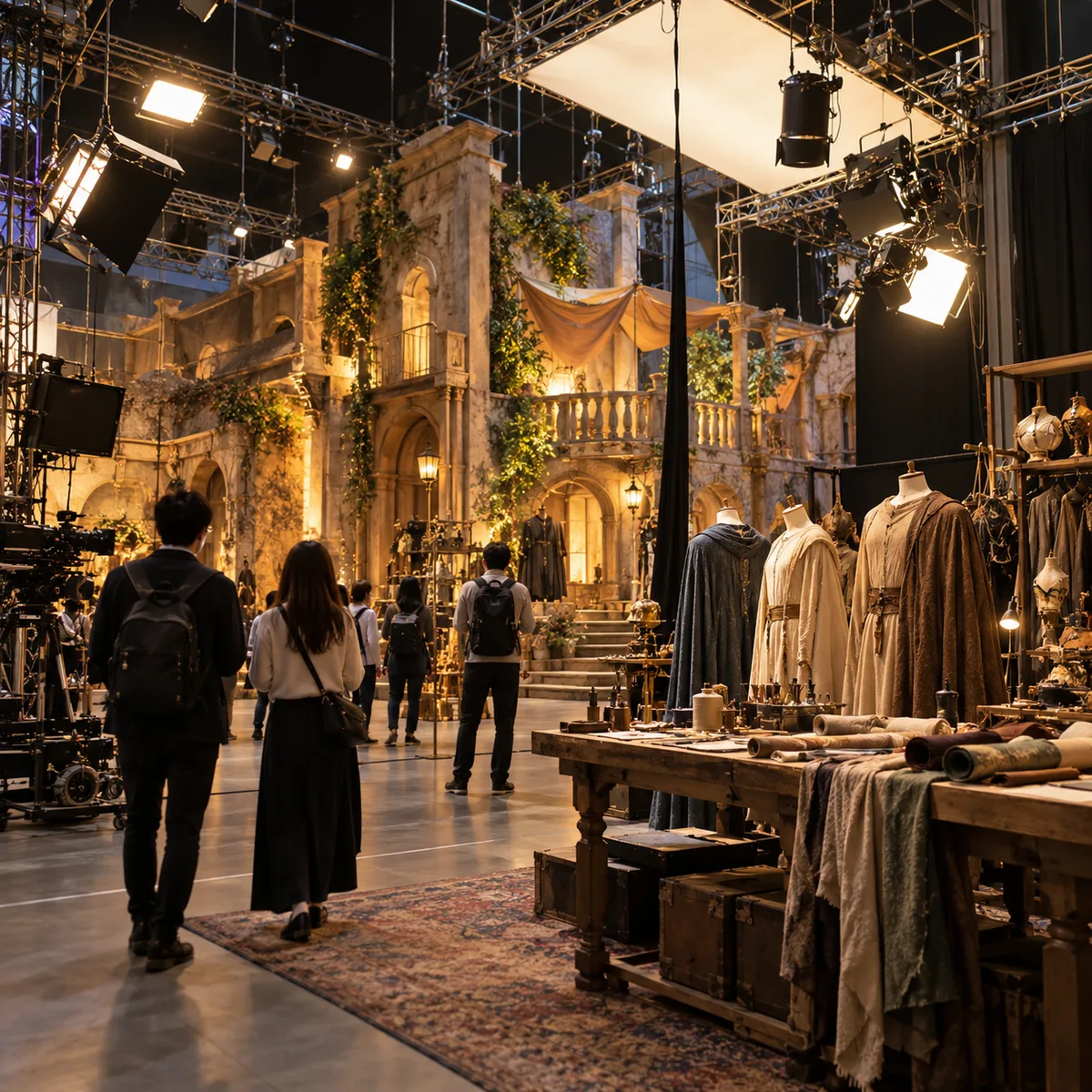 Visitors walking through a generic fantasy filmmaking soundstage with sets and costumes