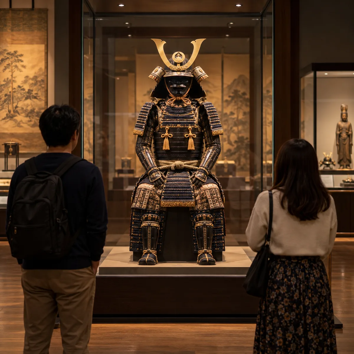 Visitors viewing a suit of samurai armor inside a generic museum gallery