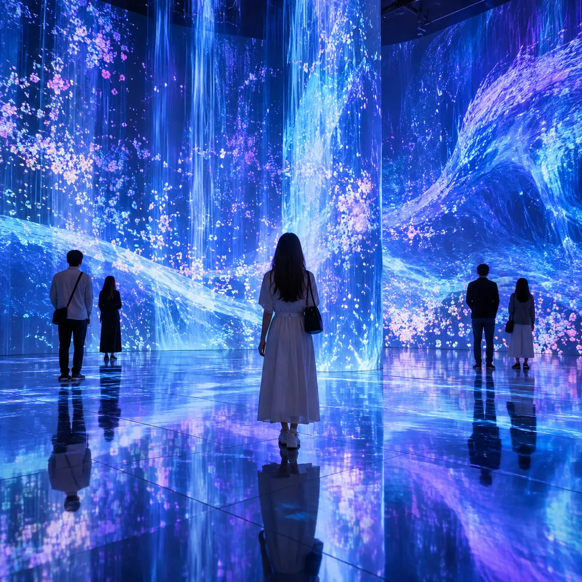 Visitors standing inside a generic room filled with blue immersive light projections