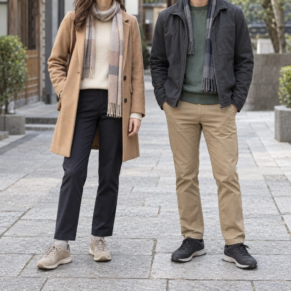 Woman and man shown neck-down in medium-weight coats, sweaters, long trousers and walking shoes.